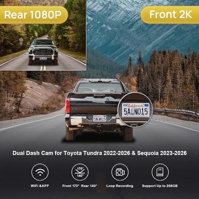 Front 2K+Rear 1080P Dash Cam Adapts for Toyota Tundra 2022-2026 Hybrid & Sequoia 2023-2026 (Gen3), OEM Style, Dual HD Video, WiFi & APP, Loop Recording, G-Sensor, Easy to Set, 64GB Card