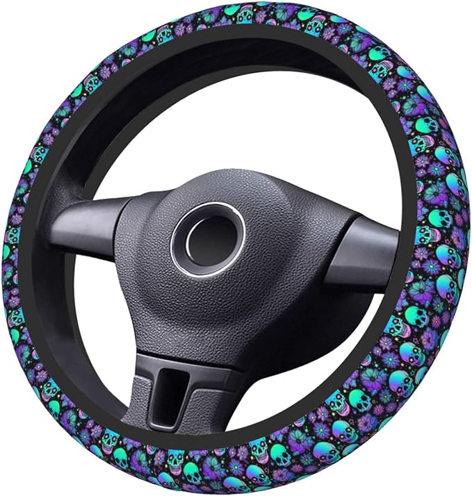 Purple Skull And Flower Auto Car Steering Wheel Cover Universal 15 Inch Neoprene Interior Decor Protection Accessories