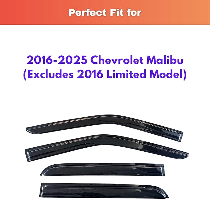 KPY Rain Guards Fit for 2016-2025 Chevrolet/Chevy Malibu, Out-Channel Window Visors Vent Wind Deflectors 4PC, Car Accessories for 16-25 Malibu (Excludes 2016 Limited Model)