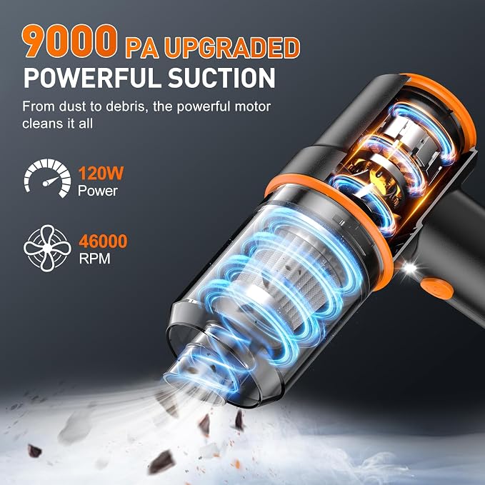 Handheld Car Vacuum Cleaner, 9000PA Vacuum Cleaner & Air Duster, 120W High Power Vacuum Portable Cordless, Hand Held Vacuum Rechargeable with Multi-Nozzles & LED Light for Home, Car, Office