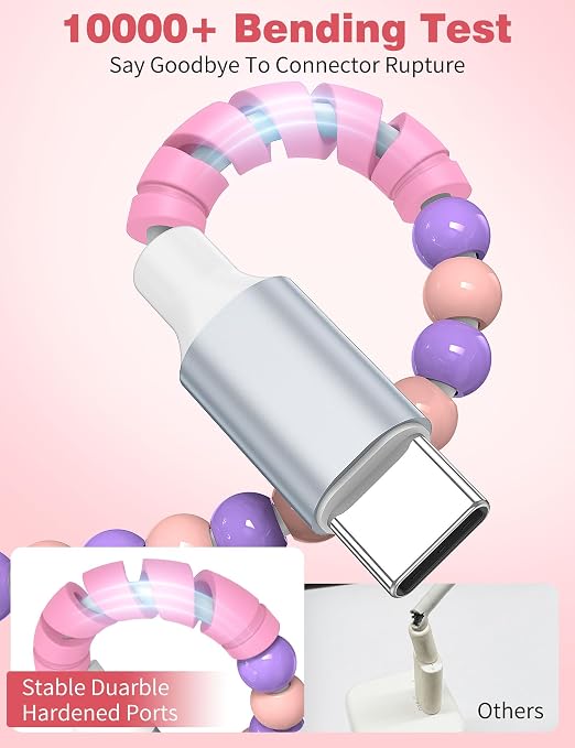 USB A to USB C Cable 6FT,Beaded Charger Cord for iPhone 17 16 Pro Max 16e 15 Car play,TypeC Cute Car Charger Cord for iPad 10 11th A16/Samsung S26 S25 S24 S23 S22/Android Phone Girls Women,Pink Purple