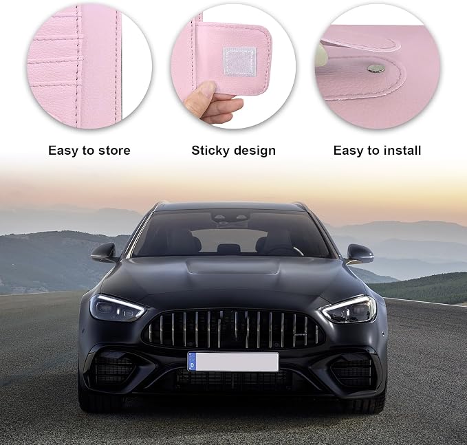 2PCS Small Leather Car Sun Visor Organizer, Multifunctional Auto Visor Document Holder with Sunglasses Clip, Universal Car Interior Organizer for Drving License, Card, Pen (Pink)