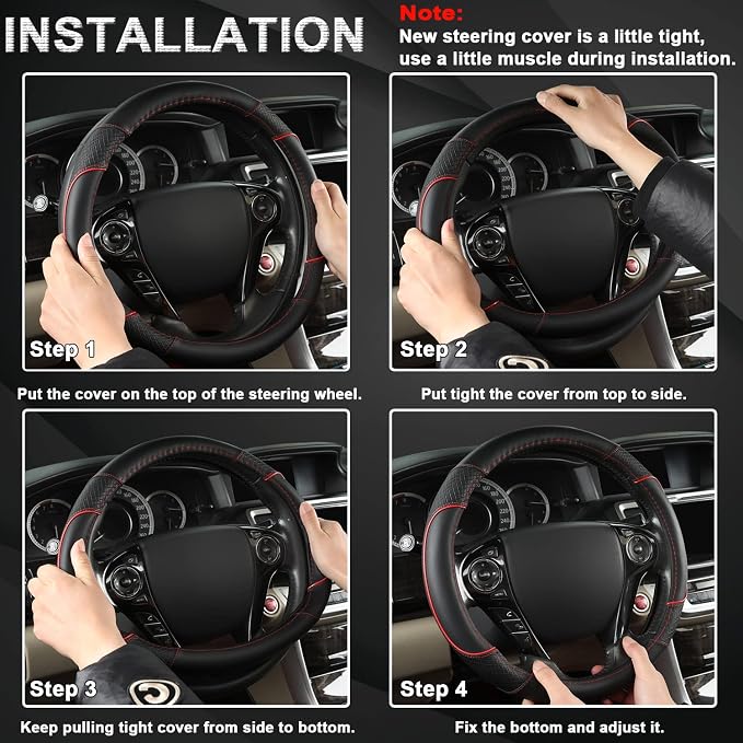 Steering Wheel Cover for Honda Civic(2006-2015),CR-Z, Insight, S2000 (Black+Red Line-Small Size)