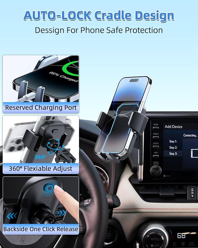 PZK Car Phone Holder for Toyota RAV4 2019-2025 Accessories 7/8-Inch Screen | Hybrid LE/XLE/Premium Auto Lock Cell Phone Mount 360° Rotation Phone Cradles Not Affect Air Vent (Not Fit 9/10.5 inch)