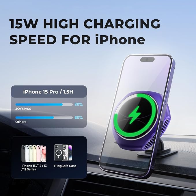 for MagSafe Car Mount Charger, 15W Fast Charging Magnetic Wireless Car Charger Phone Holder Mount Fits iPhone 15 Pro Max Plus 14 13 12 Mini MagSafe Case - Purple