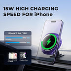 for MagSafe Car Mount Charger, 15W Fast Charging Magnetic Wireless Car Charger Phone Holder Mount Fits iPhone 15 Pro Max Plus 14 13 12 Mini MagSafe Case - Purple