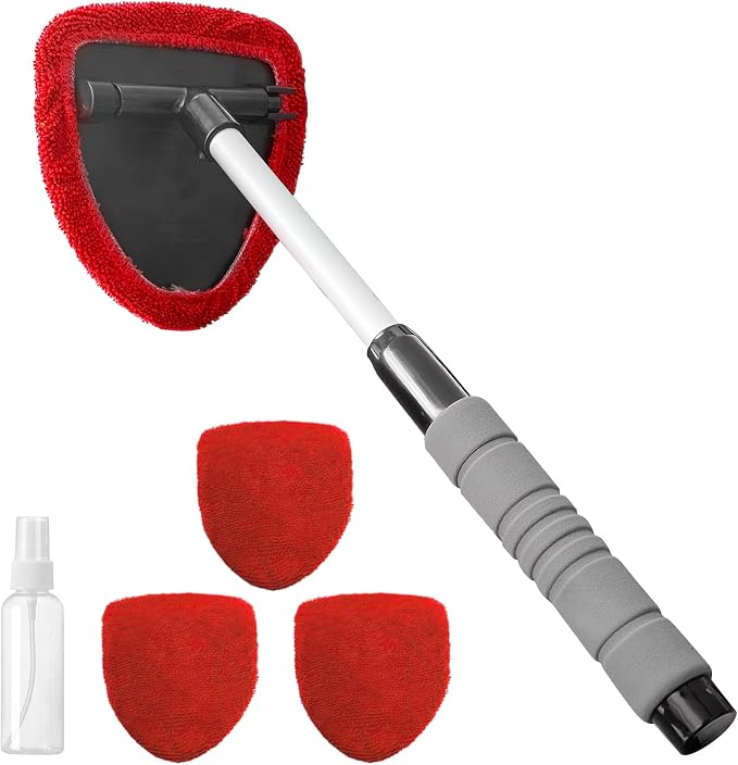 19" Extra-Long Windshield Cleaner Tool, Auto Glass Wiper Brush Kit | Car Interior Detailing Cleaning Kit with Extendable Handle and 4 Reusable Microfiber Pads, Car Window Cleaner, for Cars