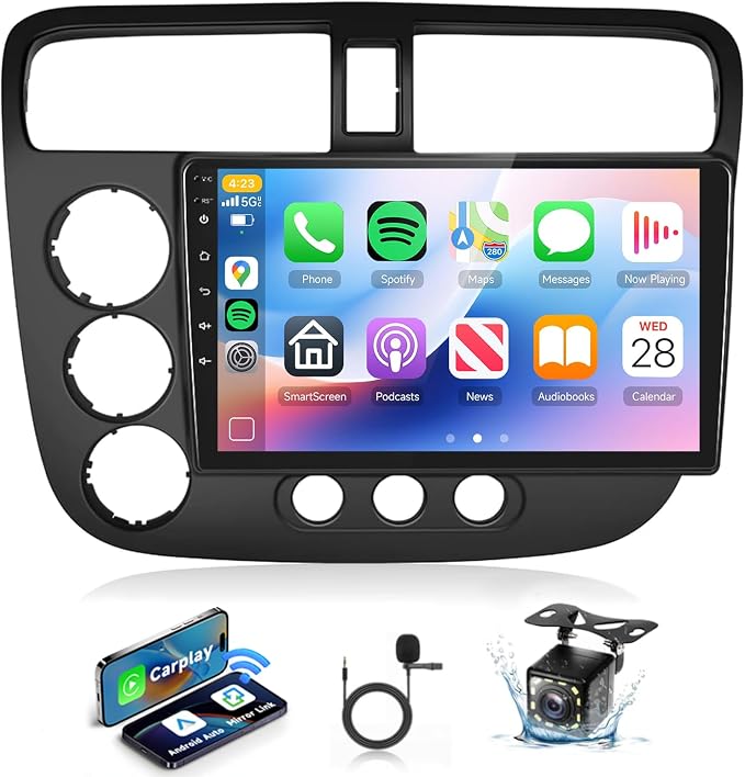 【Built-in DSP】Android Car Stereo for Honda Civic 2001 2002 2003 2004 2005 Radio Wireless Carplay Android Auto GPS Chip, 9 Inch Touch Screen 26UIs Mirror Link Bluetooth WiFi FM/RDS Backup Camera