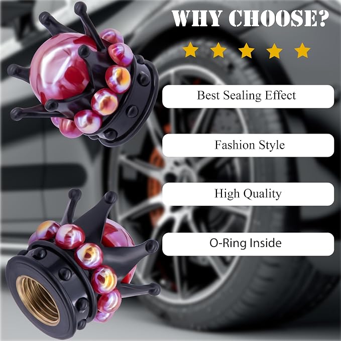 4PCS Crown Bling Tire Stem Valve Caps, Crystal Diamond Tire Air Cap Set Universal Copper Core Stem Covers for Cars, SUV, Trucks, Bikes, Motorcycles, Bicycles (Black & Red)