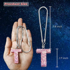 Bling Pink Car Accessories for Women Letter Charm, Rainbow Color Rear View Mirror Cute Crystal Pendant Car Decorations, Lucky Gifts Girly Diamond Rhinestone Charm Letter T