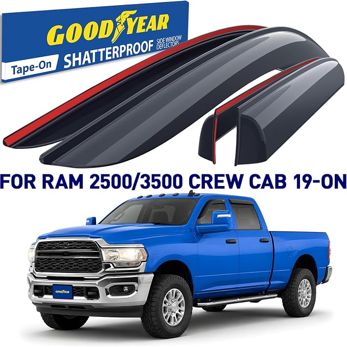 Goodyear Shatterproof Side Window Deflectors for Dodge RAM 2500 3500 2019-2026 Crew Cab, Tape-on Rain Guards, Window Visors, Vent Deflector, Vent Visor, Truck Accessories, 4pcs- GY008903
