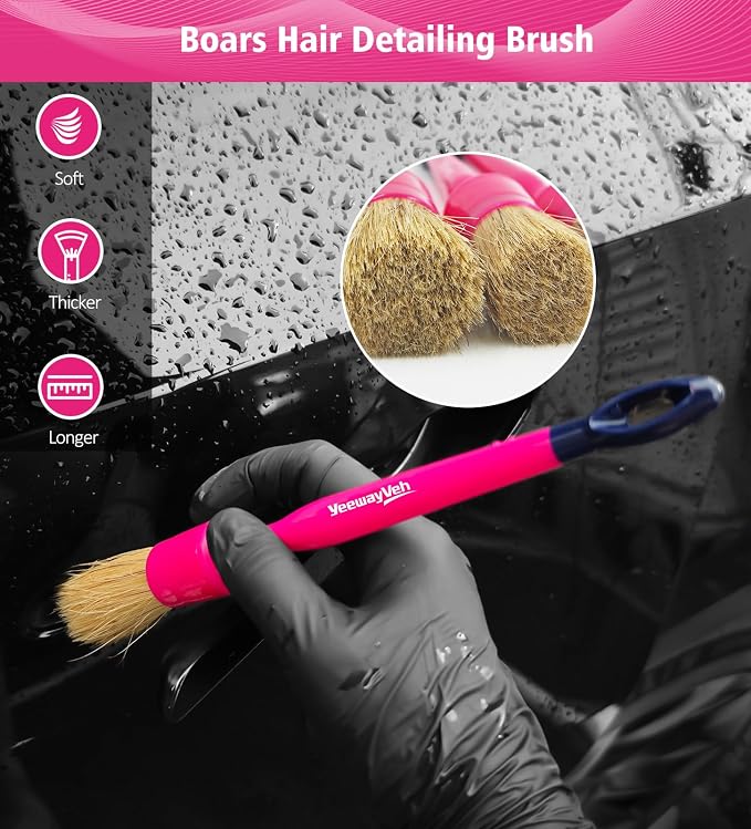 6PCS Car Detailing Brush Set, 3pcs Boars Hair Detailing Brushes, 3pcs Ultra Soft Detail Brush for Leather Seat Air Vents Engine Bay, Detail Brushes Car Detailing for Interior Exterior, Pink