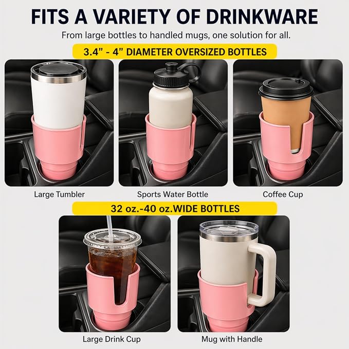 Car Cup Holder Expander for Large Bottles, Fits 32 oz to 40 oz Water Bottles and Handle Mugs, Secure Base for Most Vehicle Cup Holders, Durable ABS, Easy to Install, Durable ABS (Pink)