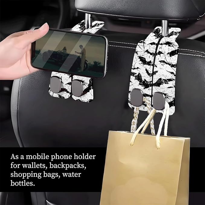 Car Seat Headrest Hook, Universal Leather Cute Hanger Holder Hook, Storage Organizer Interior Accessories for Purse Bags Handbag Black White Bats