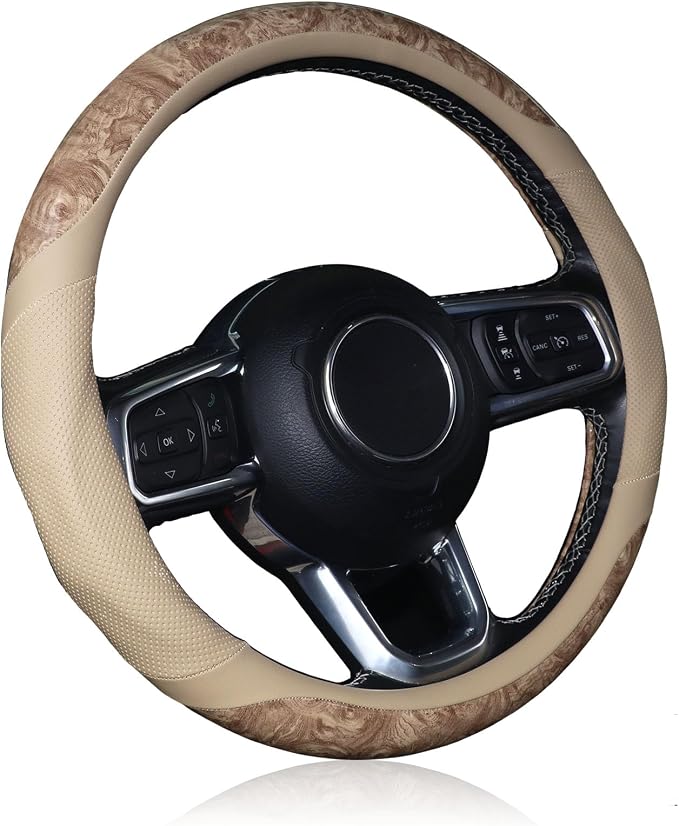 Wood Grain Steering Wheel Cover, Breathable Microfiber Leather, Non-Slip, Universal 14.5-15 inch Steering Wheel Accessory, Beige