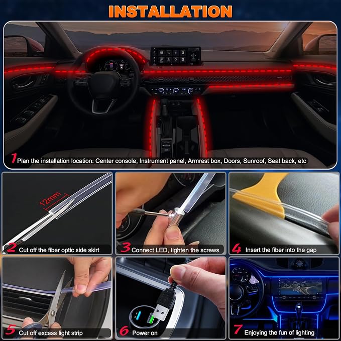 Car LED Lights, Interior Car Lights with Wireless APP/RF Remote/Button Control, Car Ambient Lighting Kit with 236" Integrated Molding Fiber Optic RGB Sync to Music (USB)