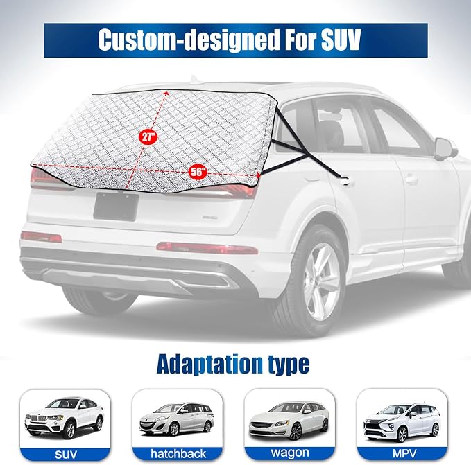 Rear Windshield Cover for SUVs, 4-Layer Protection Back Window Snow Covers Protector to Reduce Scraping, Winter Car Windshield Frost Cover for Ice and Snow with Secure Hooks for Snug Fit