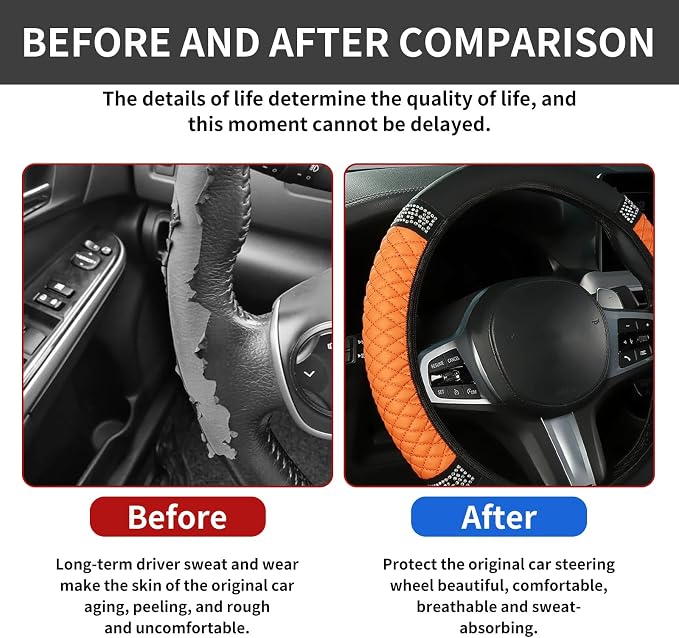 Bling Car Steering Wheel Cover, 15 Inch Rhinestones Soft Leather Elastic Steering Wheel Protector, Sparkly Crystal Diamond for Women, Car Interior Accessories for Most Cars (Orange)