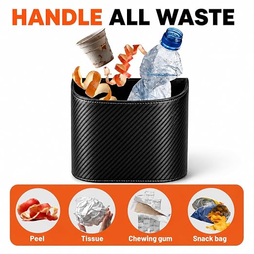 Leather Car Trash Can – Leakproof & Easy-to-Clean Car Garbage Can for Luxury Cars, SUVs & Trucks | Includes 60 Custom Liners, Secure Hook, Easy Install, Carbon Fiber