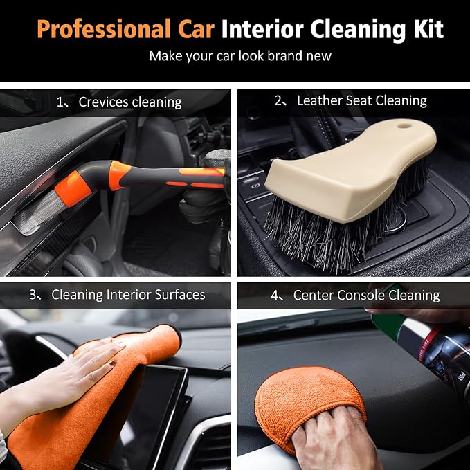 7PCS Car Interior Detailing Kit, Horse Hair Car Leather Brush, Applicator Pads and Microfiber Cloth for Car Interior & Seats Leather, Interior Car Cleaning Kit, Orange