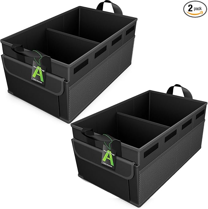 Car Trunk Organizer - Collapsible Car Organizer with Non Slip Bottom & Multiple Pockets for Groceries, Trunk Storage with Base Panel for SUV Sedan Van, 2 Compartments (Black, Medium, 2 Pack)