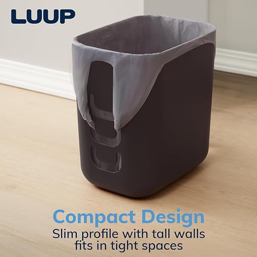 Luup Trash Can (Black) - Reuse Grocery Bags - Plastic Garbage Container for Bathroom, Vanity, Laundry Room, Kitchen, Office, Garage - 2.5 Gallon Wastebasket with Hooks to Secure Trash Bags
