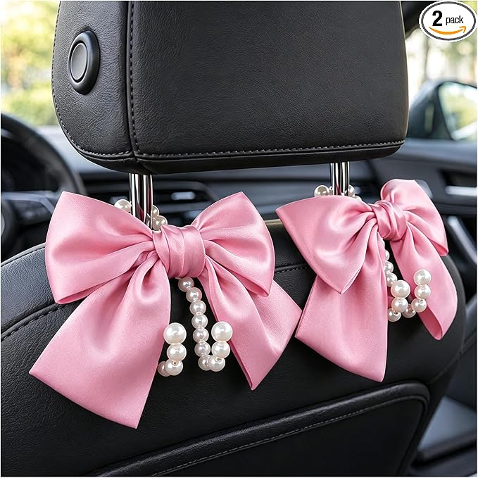 2 PCS Bow Pearl Car Seat Headrest Hook, Car Seatback Hanging Organizer Elegant Pearl Purse Hanger, Cute Bow Vehicle Interior Headrest Storage Hook for Handbag Purse Coat (Pink)