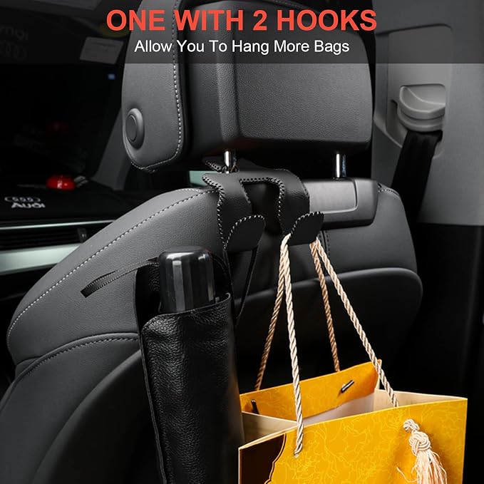 Car Purse Hook, 2 in 1 Car Seat Headrest Hooks Durable Hanger Storage Holder Leather Organizer for Hanging Grocery Bags, 1 Pack, Gray