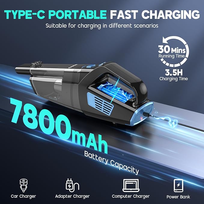 Handheld Vacuum Cordless, 15000PA Strong Suction Hand Held Car Vacuum Cleaner Portable with Multi-Nozzles & Washable Filter, Lightweight Rechargeable Vacuum Cleaner for Home, Car, Office, Pets