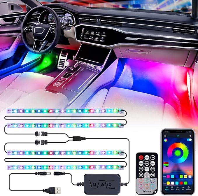 Dreamcolor USB LED Cars Interior Lights Strip Kits, w/Remote & Bluetooth APP Control, Footwell Under Dash RGB Neon Chasing Inside Lights, DIY Music Mode, Universal for Vehicle Trucks UTV ATV