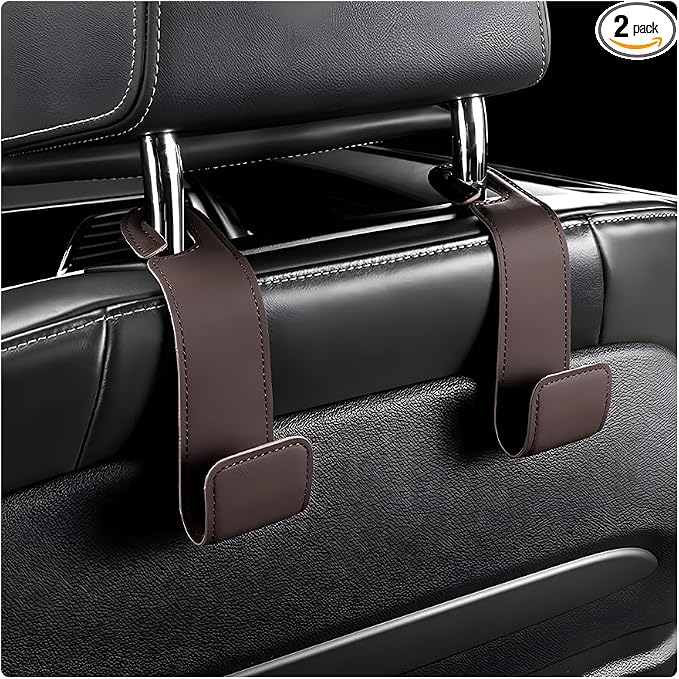 2 PCS Car Seat Headrest Hooks, Microfiber Leather Hanger Holder Hook for Hanging Purse and Bag, Universal Vehicle Back Seat Organizer Hook for Grocery Bag Handbag Coat (Brown)