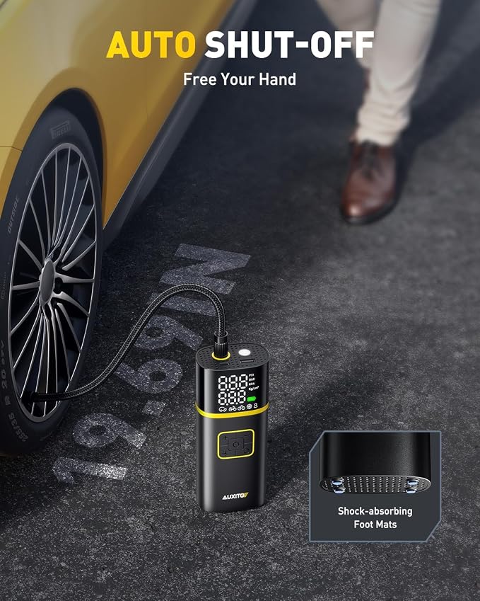 Tire Inflator Portable Air Compressor - 150PSI Bike Pump 1Min Fast Inflate with Tire Pressure Gauge, 5200 mAh, LED Light, Car Accessories Air Pump for Auto, Moto, Bike Car Gifts for Men