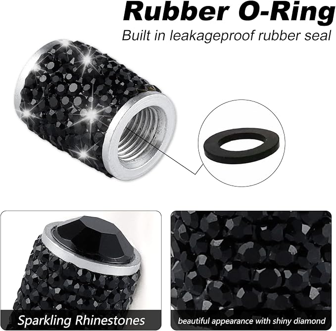 Car Wheel Tire Valve Caps, 4 PCS Bling Tire Valve Caps, Crystal Tire Caps Shinny Rhinestone for Women, Universal Car Dustproof Tire Valve Caps for Cars, Trucks, SUV and Motorcycles (Black)