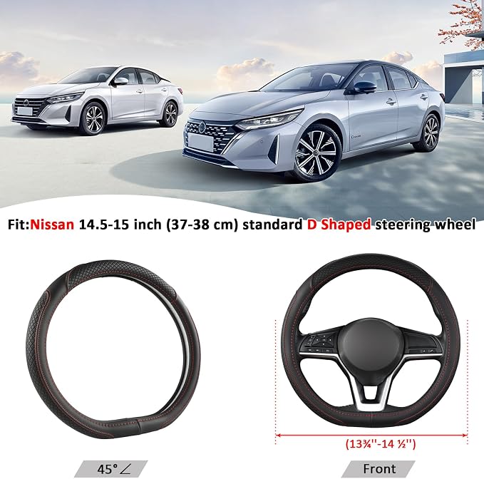 Customized Auto Car Steering Wheel Cover for Nissan,D Shaped Steering Wheel Cover for Rogue,Altima,Kicks (D-Shaped-Black+Red Line)