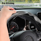 Genuine Leather Steering Wheel Cover, Stitch On Wrap, 15 Inch Steering Wheel Wrap for Car Truck SUV Pickup Boat, DIY Sewing with Needle Thread, Gray