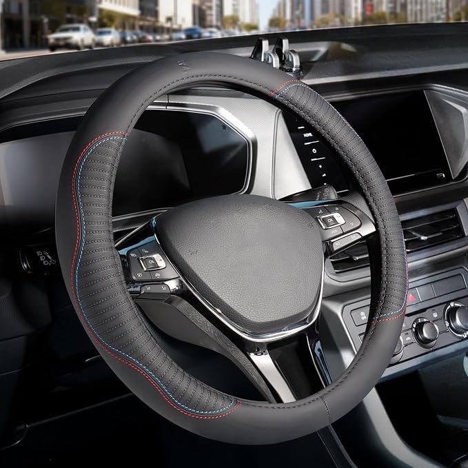 Car Steering Wheel Cover, Microfiber Leather Steering Wheel Covers with Anti-Slip Lining, Breathable Elastic Car Steering Wheel Protector, Universal Standard Size 14-15 inch