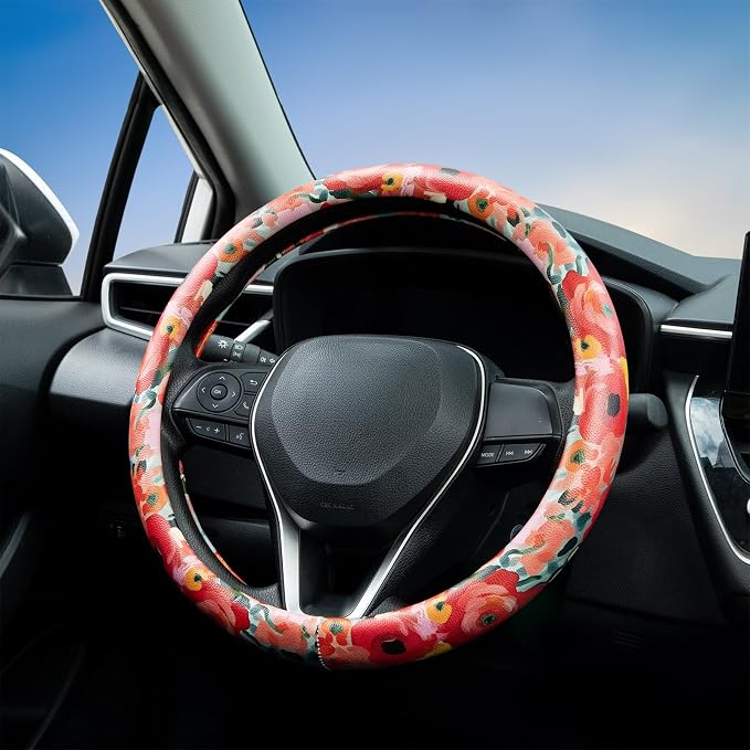 Poppy Coral Pink Flowers Steering Wheel Cover Auto Jacquard Steering Wheel Protector, Anti-Slip, Breathable, Absorbing Sweat, Universal Car Accessories 14.5–15 inch,Fit for Most Car, Trucks, SUV