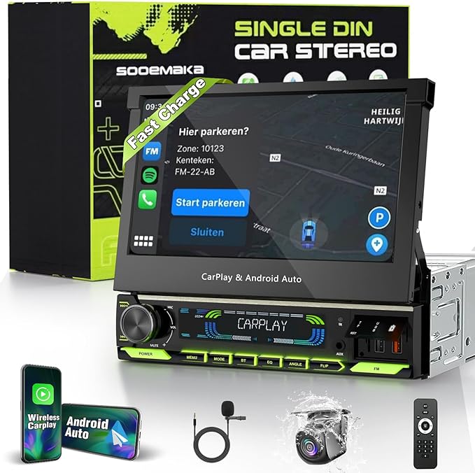 【 】 Single Din Touchscreen Radio with Wireless CarPlay, 7 inch QLED Android Auto Screen for car,Motorized Flip Out Car Stereo Upgrade Fast Charging(QC/PD 3.0)/AM/FM/DSP/AHD (S7012)