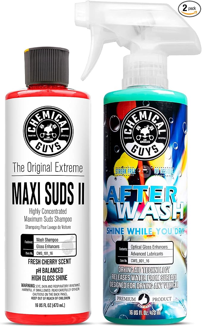 CWS_101_16A Car Wash, Dry & Shine Bundle - Maxi-Suds II Foaming Car Wash Soap, 16 oz, Cherry Scent + After Wash Gloss Boosting Drying Aid (16 oz) (2 Items)