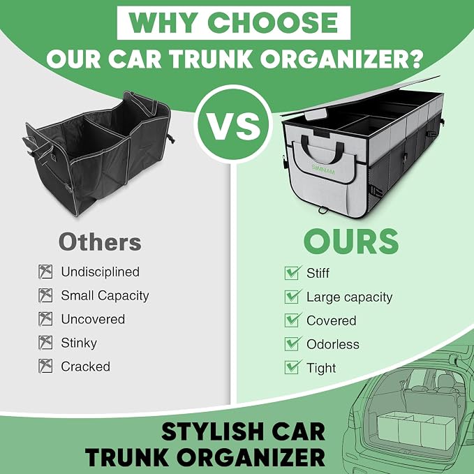 Car Trunk Organizer with Insulated Grocery Bag- 110L High Capacity Car Storage Box, with 4 Compartments, Reflective Strip, Cover, for Auto, SUV, Truck, Minivan