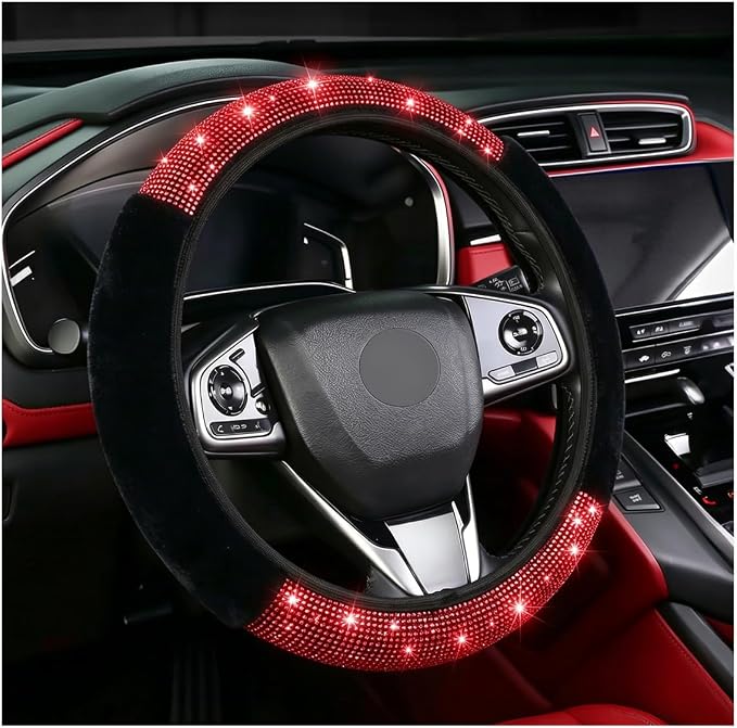 Bling Steering Wheel Cover Fluffy Red Rhinestone for Women Girls | Diamond Elastic Car Steering Wheel Accessories Sparkling Fur Steering Wheel Protector Winter Warm Universal Fit 14"-15"