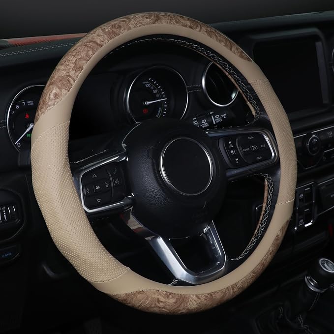 Wood Grain Steering Wheel Cover, Breathable Microfiber Leather, Non-Slip, Universal 14.5-15 inch Steering Wheel Accessory, Beige