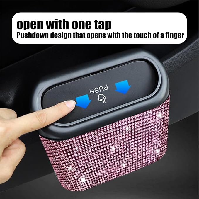 Bling Car Trash Can with Lid, Crystal Rhinestones Leakproof Auto Garbage Hanging Container Bin, Multipurpose Diamond Dustbin Storage Organizer, Universal Vehicle Accessories (Pink)