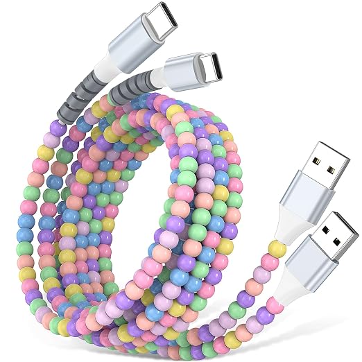 USB A to USB C Cable 2Pack 3FT,Beaded Phone Charger Cord for iPhone 17 16 Pro Max 17e 15 Car play,Type C Cute Car Charger Charging Cord for iPad 10 11th A16/Samsung S26 S25 S24 S23/Android Girls Women