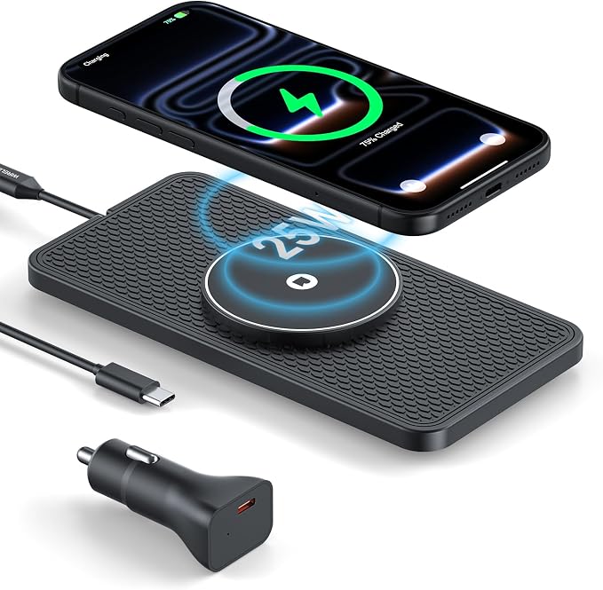 25W Magnetic Wireless Car Charger Pad, for MagSafe Car Charger with 45W USB-C Car Charger, Anti-Slip Wireless Charging Pad for Car Compatible with iPhone 17 16 15 14 13 12 (30CM Cable)