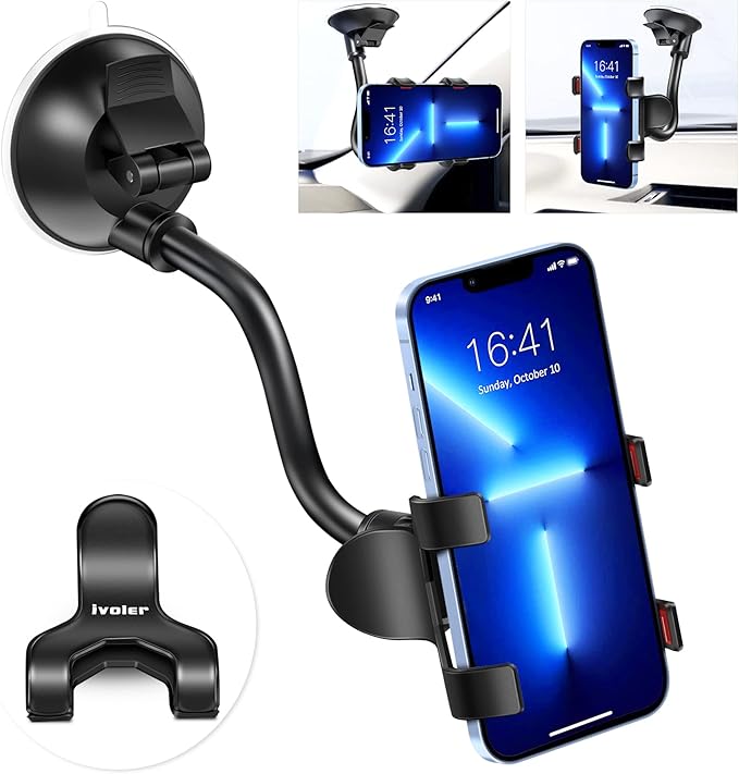 Car Phone Mount Windshield, Long Arm Clamp Universal Windshield with Double Clip Strong Suction Cup Cell Phone Holder Compatible with iPhone 15 14 13 Pro Max XS 7 8 Plus, Galaxy S24 S23 Ultra