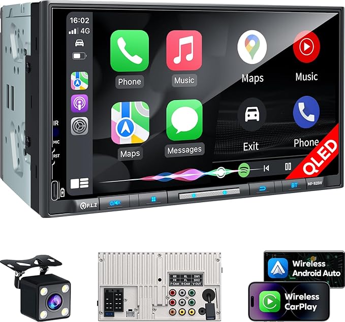 7" Wireless Double Din Car Stereo Apple Carplay Radio QLED Screen for Car, Android Auto, Bluetooth 5.3, Fast Charger, 1080P Backup Camera, 4.2 Channel Outputs 240W, 2 Subwoofer
