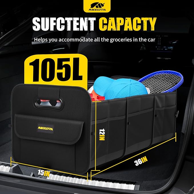 Car Trunk Organizer - 105L Collapsible Large Trunk Organizer with Reinforced Handles for Groceries, Trunk Storage Organizers for SUV Auto Truck Van with Non Slip Bottom (Black)