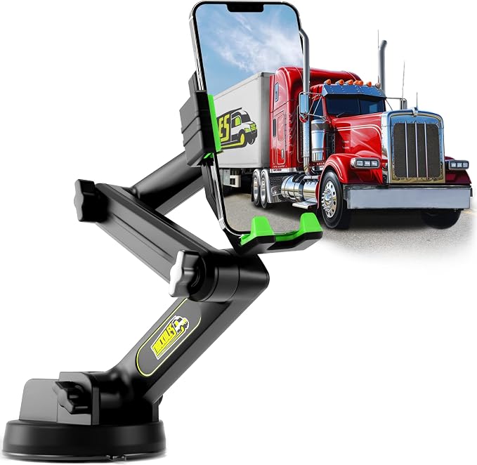 Cell Phone Mount for Truck Phone Holder for Truck Drivers - Heavy Duty Suction Cup, iPhone Holder for Dashboard Window 16.9 inch Long, for iPhone & Samsung, Big Rig Trucker, Green