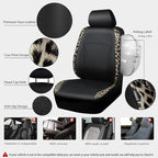 Leopard Print Faux Leather Car Seat Covers & Leopard Car Mats&Leopard Steering Wheel Cover Seat Belt Universal Car Accessories for SUV,Van,Saden,Truck Automobile Interior Sets(Gold Black)